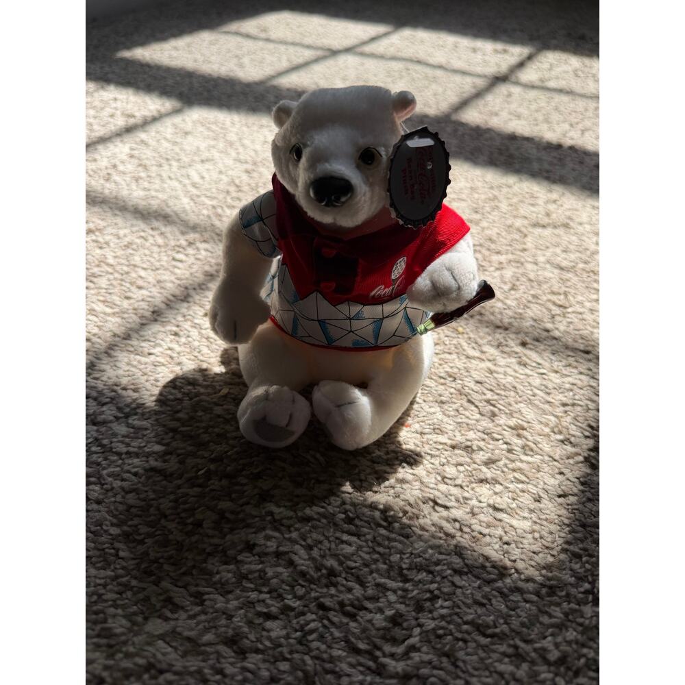 Vintage 1999 Coca-Cola Polar Bear Bean Bag Plush Red Golf Shirt Holding Bottle